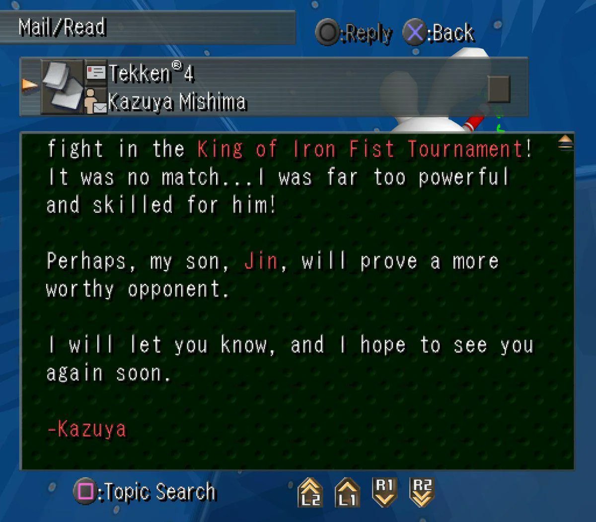 Xenosaga EP1 (2002)
- Shion received an email from her friend "Kazuya Mishima"