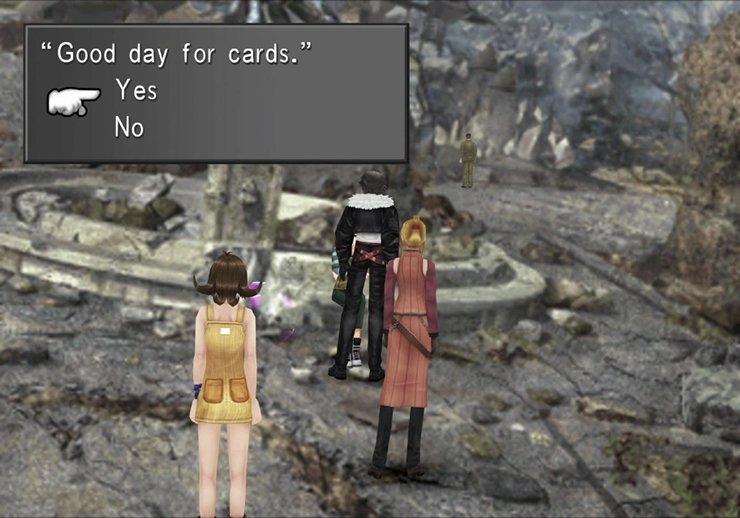 This school just got blown to smithereens and Squall is attempting to play cards with the survivors. The utter grind.
