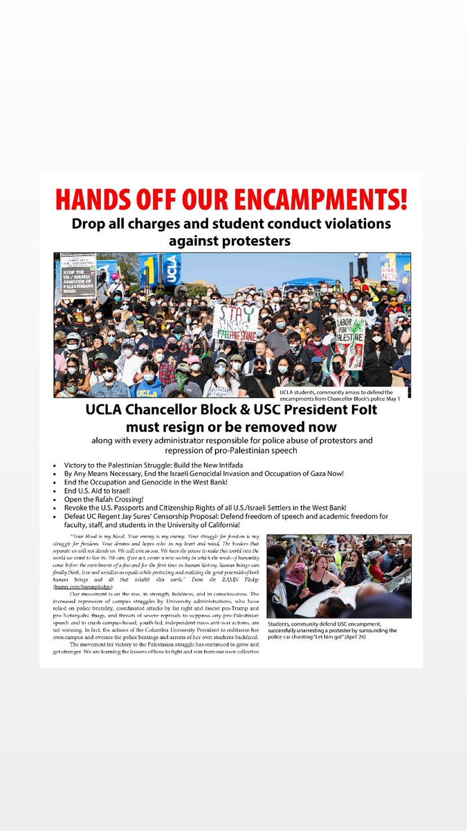 followbamn's tweet photo. HANDS OFF OUR ENCAMPMENTS! Drop all charges and student conduct violations against protesters!
*see Linktree for pdf of full statement*
#Gaza #GenocideJoeHasGotToGo #Palestine #protest #Rafah #StopBombingRafah #StopTheGenocide #uscpresidentfoltmustgo #uclachancellorblockmustgo https://t.co/UVFKWG3pUZ
