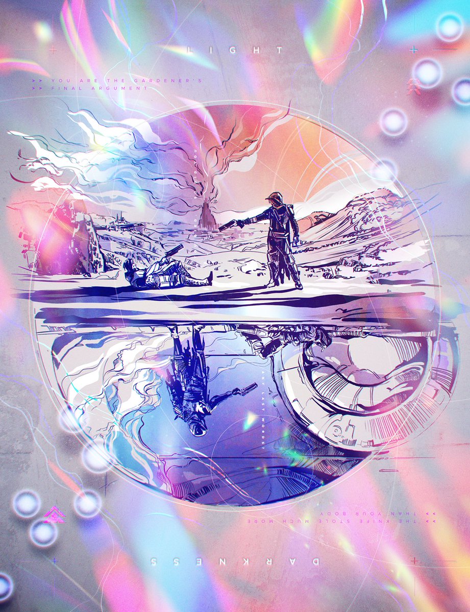 Kathi_Langley's tweet photo. So it's all wrapped up, right? It rhymes and everything. There is this sense of completion seeing story not just refering, but actually reflecting itself. 
And of course I had to embellish that with prismatic-like effects!
#Destiny2 #Destiny2Art #Crow #Cayde6 #TheFinalShape https://t.co/zC26p4FIZm