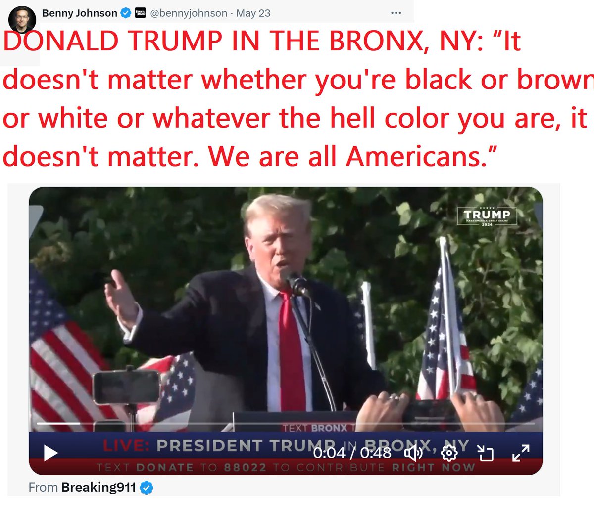 🇺🇸❤️PATRIOT FOLLOW TRAIN❤️🇺🇸 🇺🇸❤️HAPPY RED FRIDAY EVENING !❤️🇺🇸 🇺🇸❤️DROP YOUR HANDLES ❤️🇺🇸 🇺🇸❤️FOLLOW OTHER PATRIOTS❤️🇺🇸 🔥❤️LIKE & RETWEET IFBAP❤️🔥 🇺🇸❤️PRAY FOR TRUMP❤️🇺🇸 DONALD TRUMP IN THE BRONX, NY: “It doesn't matter whether you're black or brown or white or whatever