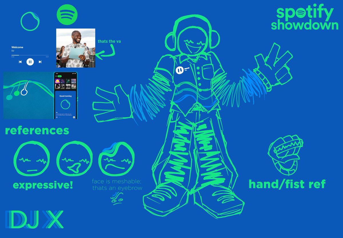 I had the pleasure of making the rende and design for the Spotify DJ assistant 'DJ X' for @theguy_spykids3's project Spotify Showdown!

Here's the concept sheet from when I was making him too [the hair didnt come in till the render]

I hope you enjoy this idiot as much as I do