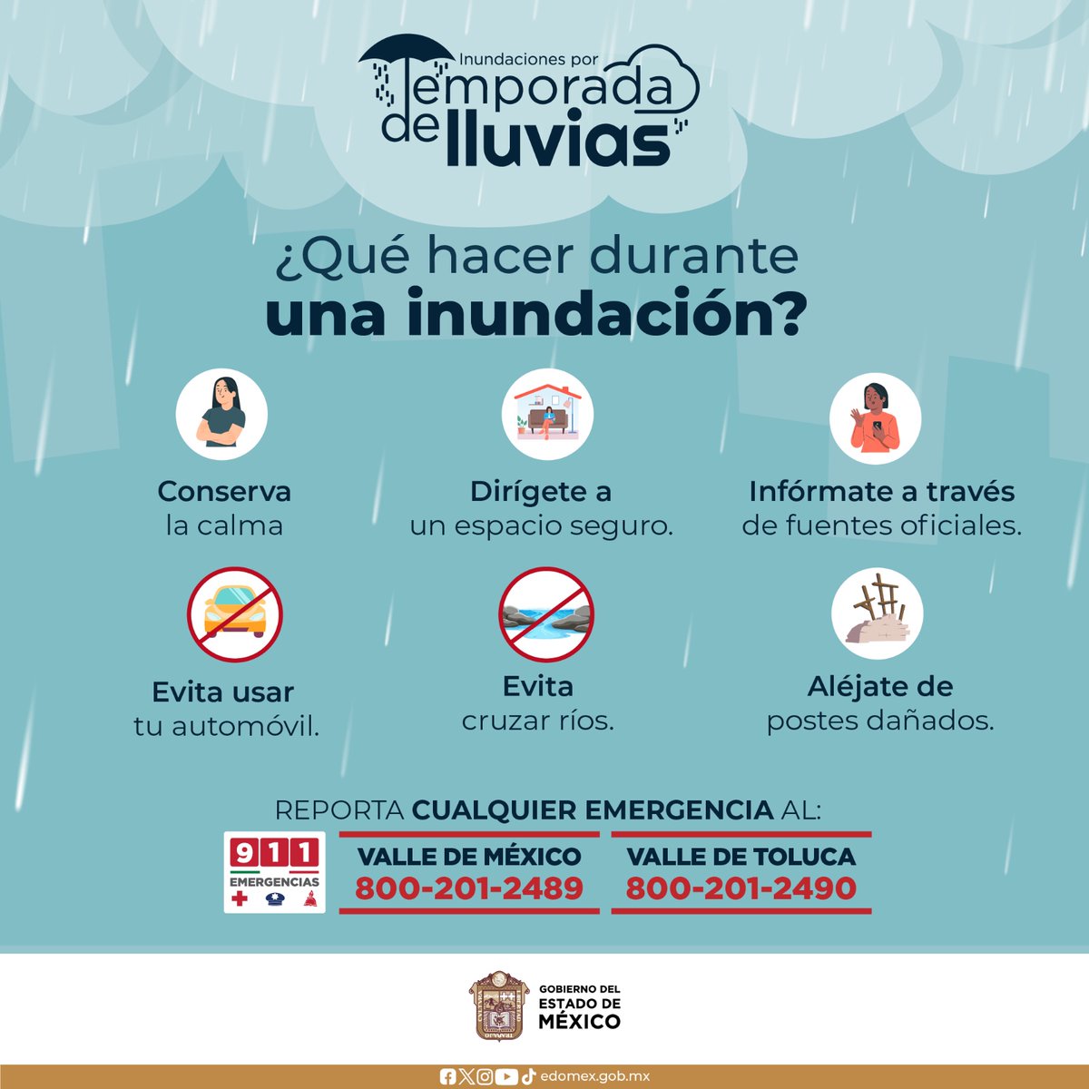 En caso de inundaciones ocasionadas por lluvias, toma en cuenta las siguientes recomendaciones. Recuerda priorizar tu seguridad y la de los tuyos, evita realizar acciones que pongan en riesgo tu integridad o la de alguien más. ¡Cuídate!