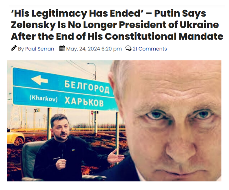 Vlad isn't playing his game. 😄 “President Zelensky’s legitimacy has expired, and Russia will proceed from this fact.' 'Of course, we are aware that the legitimacy of the current head of state [of Ukraine] has ended.' ~ V. Putin Putin recommended anyone looking for answers