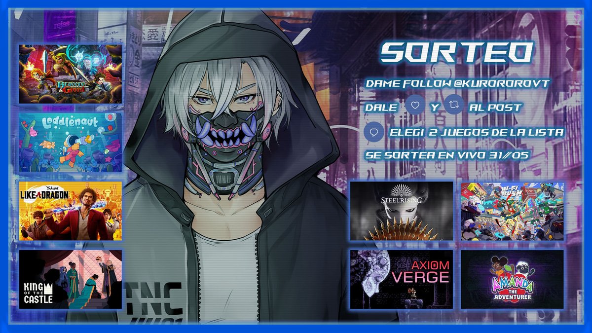 KurororoVt's tweet image. SORTEO TODO ME VOY A LA VERG
Para participar:
Dame follow @KurororoVt 
Like y RT
Comenta los 2 que quieras:
Amanda The Adventurer
Bravery and Greed
Hi-Fi RUSH
King of the Castle
Loddlenaut
Mediterranea Inferno
Steel Rising
Yakuza Like a Dragon
Axiom Verge

Sorteo por Twitch 31/05