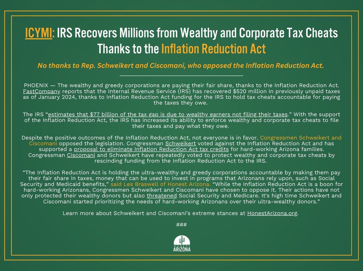 RELEASE: ICYMI: IRS Recovers Millions from Wealthy and Corporate Tax Cheats Thanks to the Inflation Reduction Act