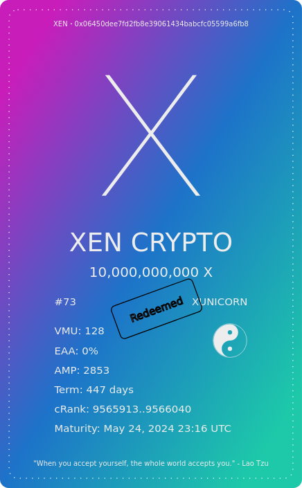 xenftbot's tweet photo. XENFT 73 of class Xunicorn (Apex) ended

VMUs: 128
Term:  447
Mint reward: 3,873,477,131 XEN ($917.24)
Gas Fee: 0.028312 ETH ($105.46)

https://t.co/MyXKsnKFtU https://t.co/qxajNrTFXQ