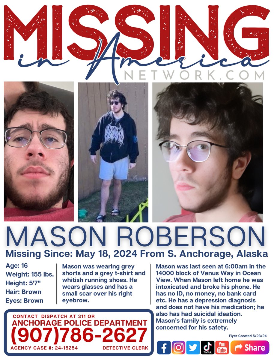Mason Roberson (16)  ‼️MISSING ‼️ #BOLO  since 5/18/24 in South Anchorage, Alaska

Please share to help bring him home safely to his family.
#MissingInAmericaNetwork 🇺🇸 #MissingInAlaska

Please #CareAndShare 💛 
@GurlGeekInFL @Terra_Diane  @ArcticfoxTrue  @miracle4missing