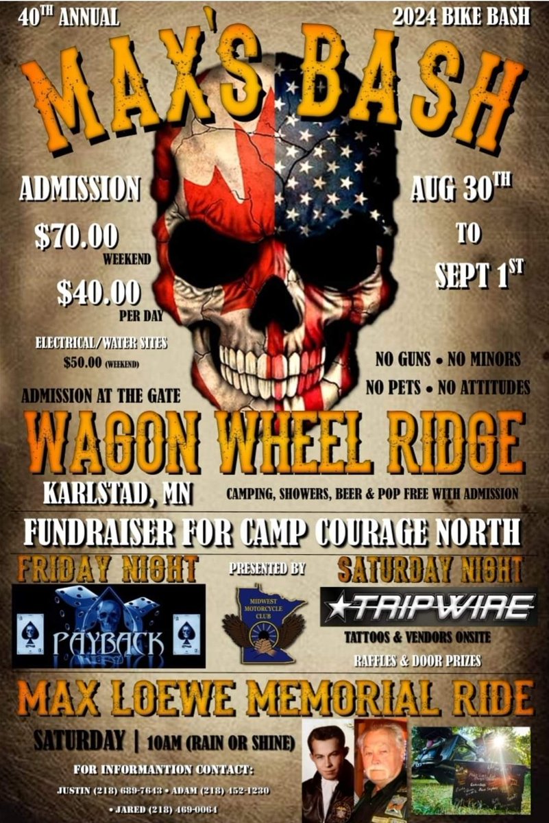 40th annual Max's Bike Bash Aug 30 - Sep 1 in Karlstad, MN. Camping, live music, vendors, raffles and more. 
#motorcyclerally #bikerrally #biker #bikerbabe #motorcycle #bikerbash #minnesota