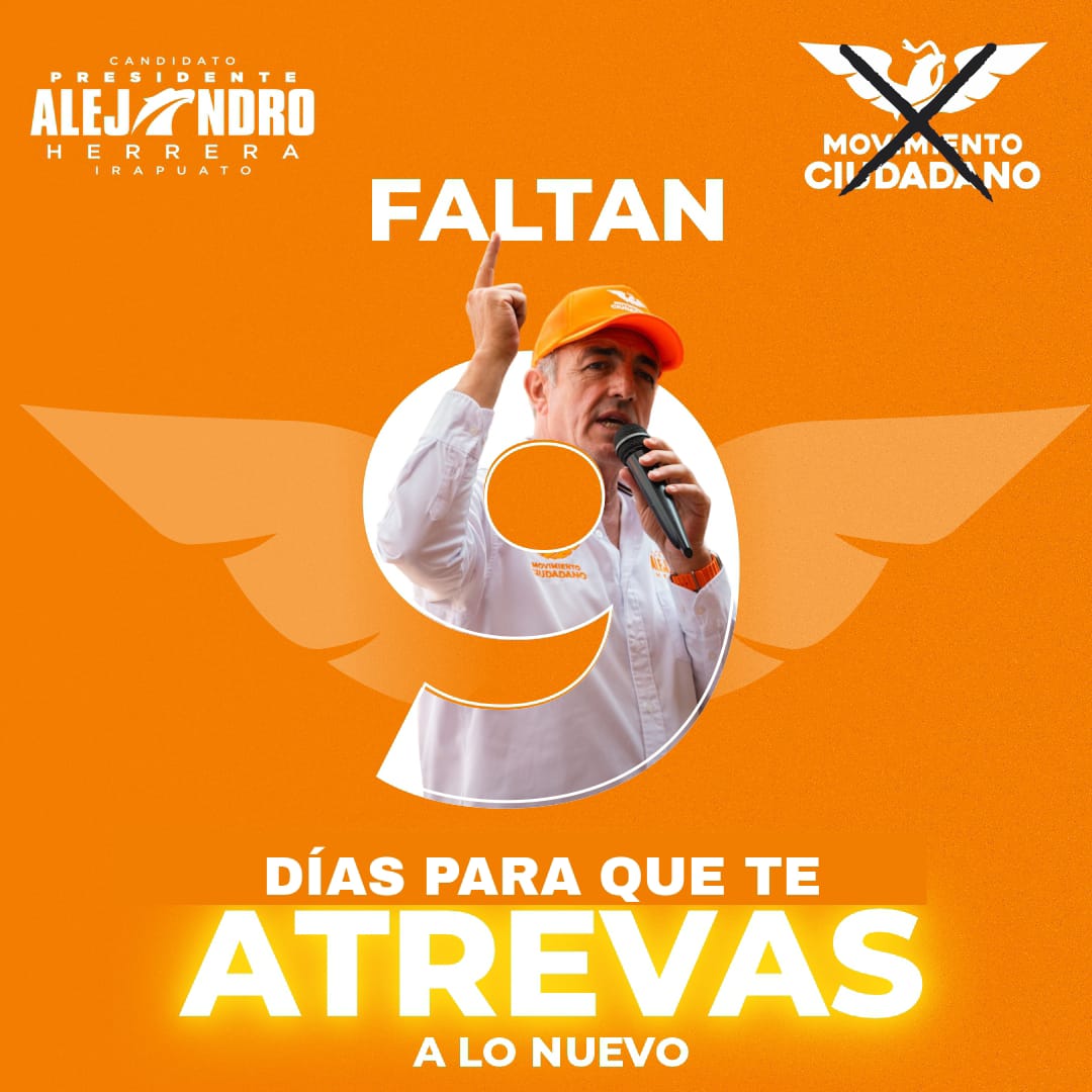 HerreraPecas's tweet photo. ¡Estamos a 9 días de hacer historia en Irapuato! ¡Atrévete al Cambio, vota Movimiento Ciudadano!
#AlejandroHerrera #Elecciones2024 #Irapuato #MovimientoNaranja #MovimientoCiudadano #VotaMC #AtreveteAloNUEVO https://t.co/GSHLYJw4y1