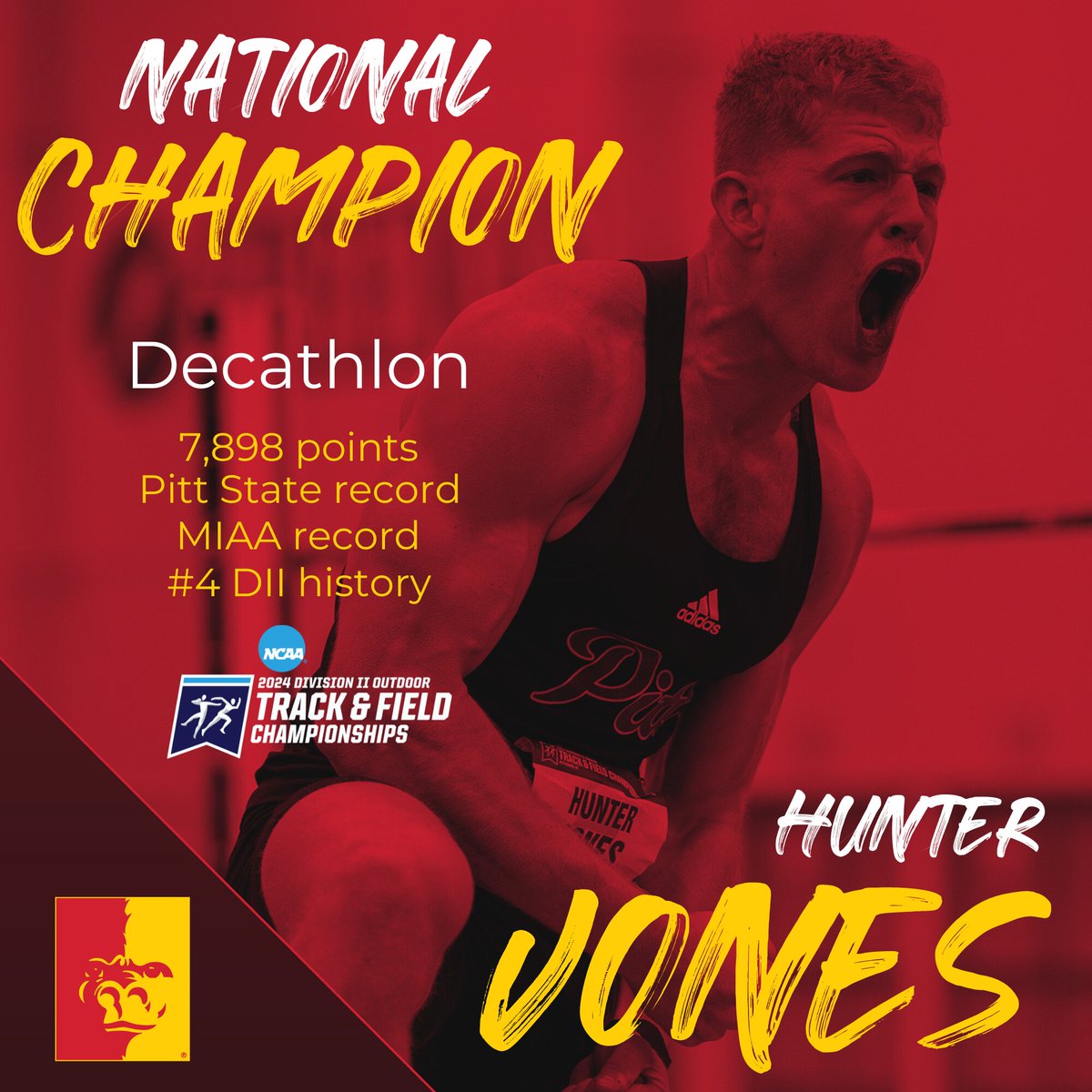 NATIONAL CHAMPION‼️ Hunter Jones claims the decathlon national championship in RECORD BREAKING fashion 🦍💪 @GorillasTrack|@pittstate