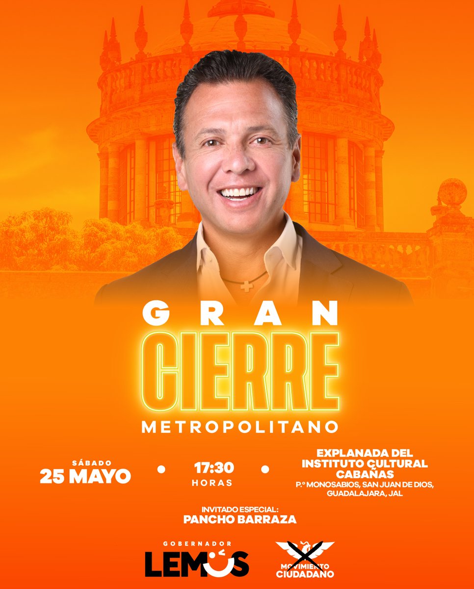 Nos vemos mañana en el gran cierre metropolitano. Pintemos de naranja 🍊 el #CentroHistórico de nuestra capital y demostremos que somos la mejor opción para ganar Jalisco. ¡Ánimo 💪!

#YoJalisco🧡
#LemusJalisco
#GobernadorLemus