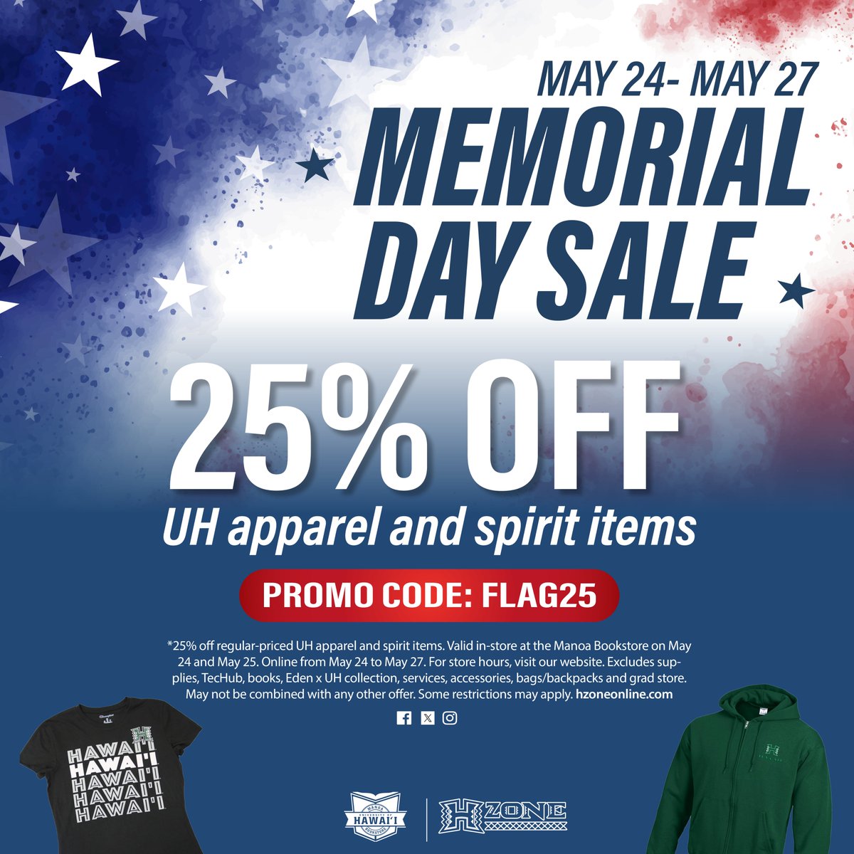 Get ready for the long weekend with a special Memorial Day Sale starting today! Enjoy 25% OFF UH apparel and spirit items. Use promo code: FLAG25