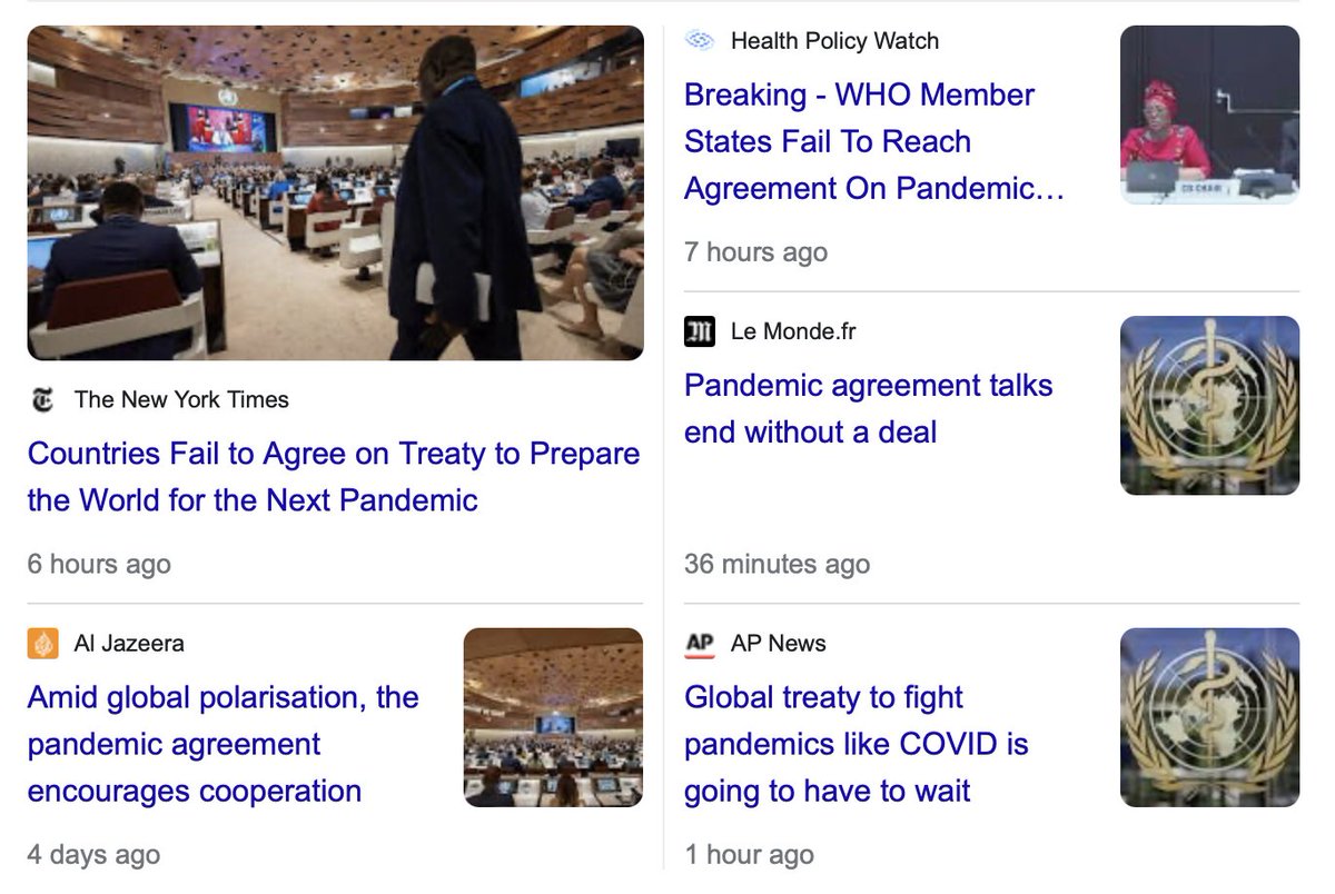 Looks like the pandemic treaty is delayed, according to media, due to disputes between the global north & south around pathogen surveillance & access to tests, treatments and vaccines IMO - we need more accountability around Covid policy mistakes before a treaty goes ahead.