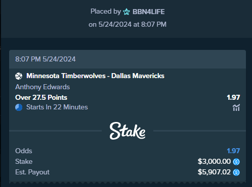 Riding Antony Edwards OVER 27.5 point tonight! <a href="/Stake/">Stake.com</a> 

RT &amp; comment Stake usernames 🙏🙏