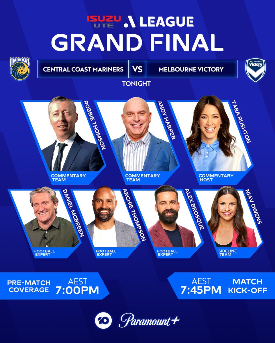 🏆⚽GRAND FINAL ALERT!⚽🏆

Get ready for a superb night of Finals Football across <a href="/Channel10AU/">Channel 10</a> &amp; <a href="/ParamountPlusAU/">Paramount+ Australia</a> that starts with the <a href="/CCMariners/">Central Coast Mariners</a> &amp; <a href="/gomvfc/">Melbourne Victory</a> in the <a href="/IsuzuUTE/">Isuzu UTE Australia</a> <a href="/aleaguemen/">Isuzu UTE A-League</a>'s Grand Final at 7pm AEST.
#CCMvMVC - live &amp; free on 10 (Bold in WA)
10play.com.au/a-league/artic…