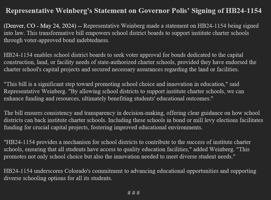 RepWeinberg's tweet image. Press Release on HB24-1154 Institute Charter Schools &amp;amp; Bond Indebtedness

#charterschool #cologop #coleg #copolitics