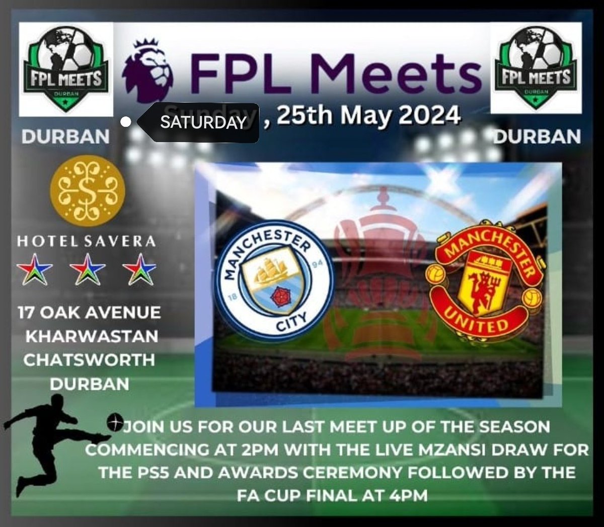 📍<a href="/FPLMEETS/">FPL Meets ⚽🌎</a> DURBAN - Join us for our last <a href="/FPLMeets/">FPL Meets ⚽🌎</a> for the season to watch the FA Cup Final🥳 #fplmeets #FPLCommunity #FPLSA🇿🇦 #mZAnsiFPL🇿🇦