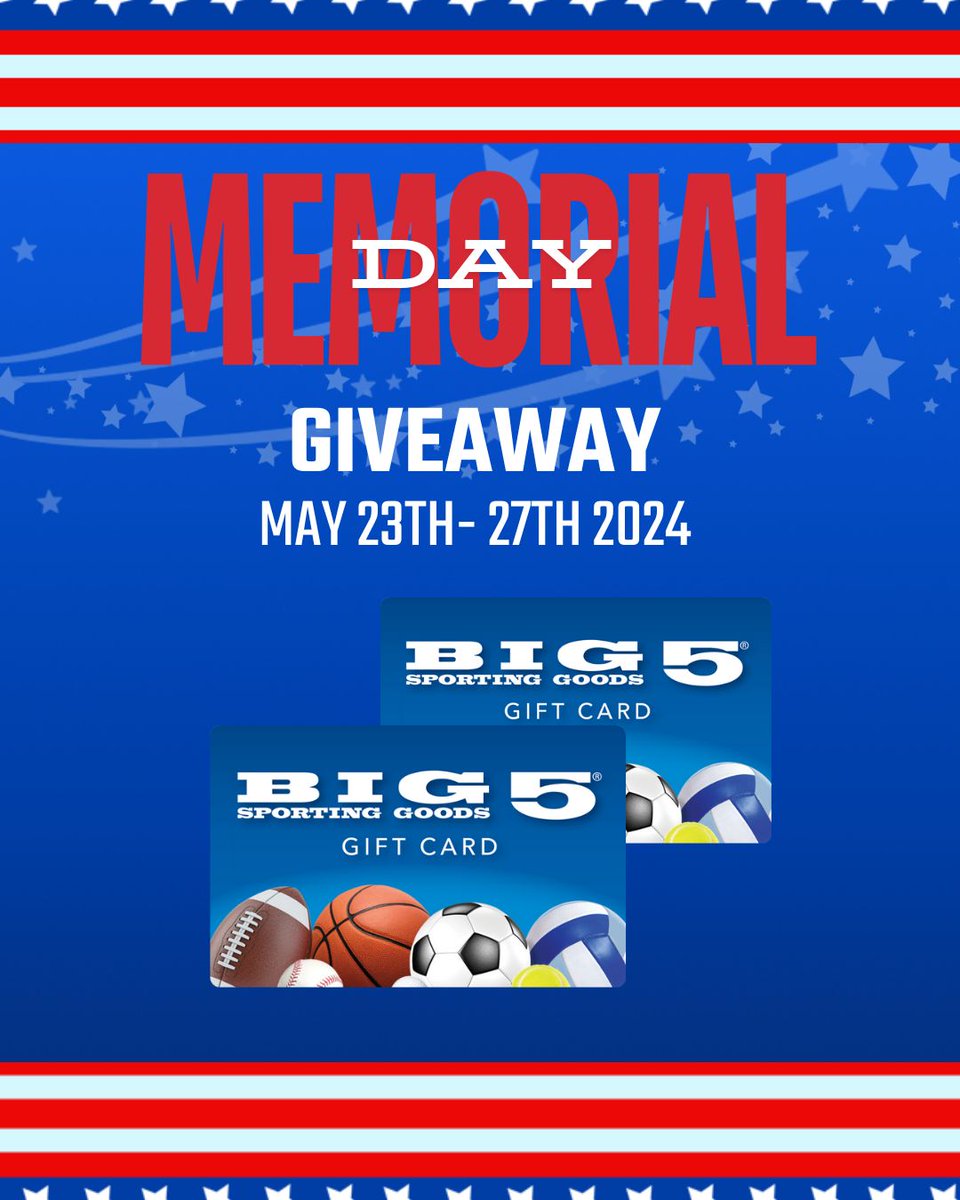 Day 2 of our Memorial Day Giveaway! ❤️🤍💙 Two lucky winners will be selected to receive a $25 Big 5 gift card. HERE'S HOW TO ENTER: 1. Retweet this Post 2. Follow Us 3. Tag your friends in the comments (one tag = one entry) Contest ends Monday, May 27, 2024, 11:59 PT.