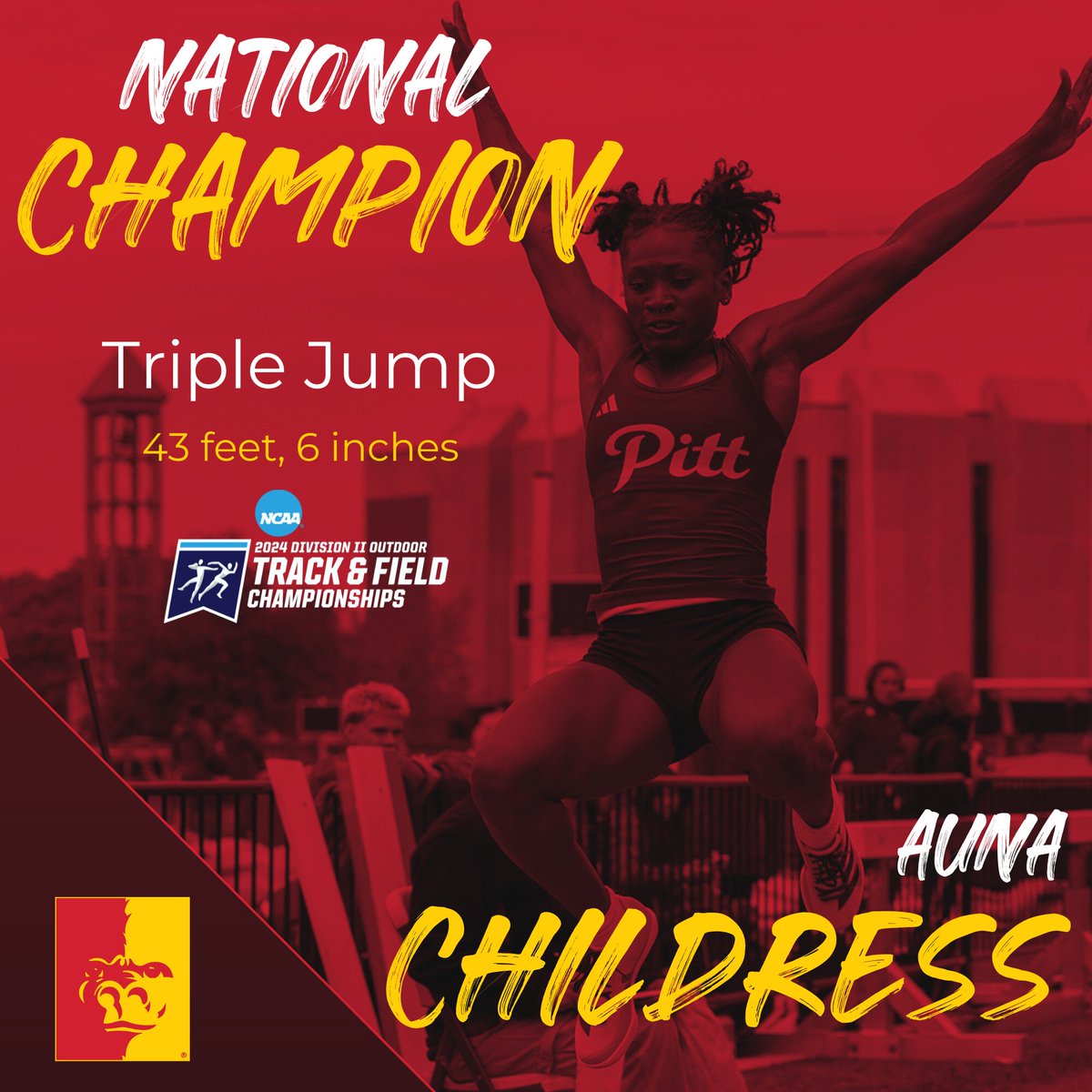 NATIONAL CHAMPION‼️ Auna Childress claims the triple jump national championship today with a mark of 43 feet, 6 inches 🦍💪 The Gorillas went 1-2 in the event, with Taylor Nelloms taking 2nd (42 feet, 10.25 inches). @arieauna31|@GorillasTrack|@pittstate