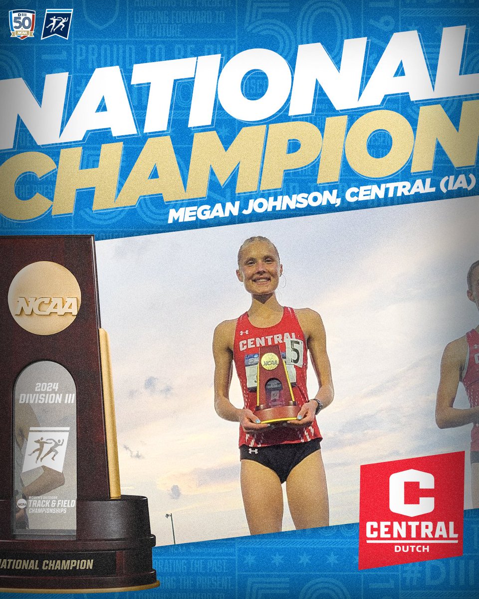 🏆 NATIONAL CHAMPION 🏆 Megan Johnson of @CentralDutch wins the women's 3000m steeplechase with a time of 10:13.46. She was one of three from Central to finish in the top eight. #D3tf | #WhyD3