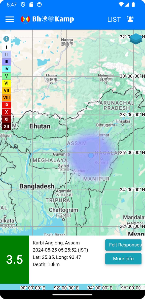 EQ of M: 3.5, On: 25/05/2024 05:25:52 IST, Lat: 25.85 N, Long: 93.47 E, Depth: 10 Km, Location: Karbi Anglong, Assam. For more information Download the BhooKamp App riseq.seismo.gov.in/riseq/earthqua… @KirenRijiju @Ravi_MoES @Dr_Mishra1966 @ndmaindia @Indiametdept