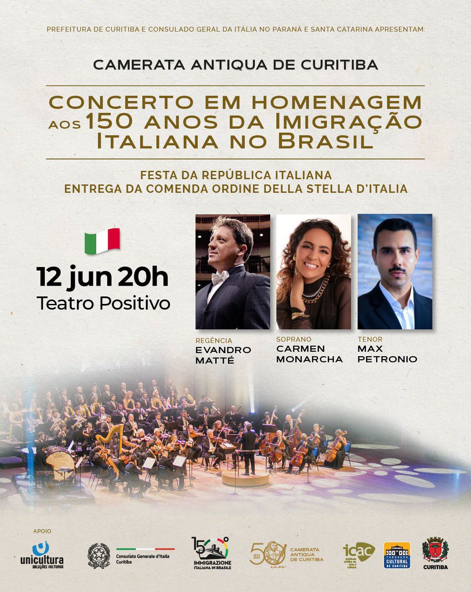 Concerto em homenagem aos 150 anos da imigração italiana no Brasil.  <a href="/PrefeituradeCu2/">Prefeitura de Curitiba</a> @fcccuritiba
Festa da República Italiana
Ingressos diskingressos.com.br/event/7251#for…