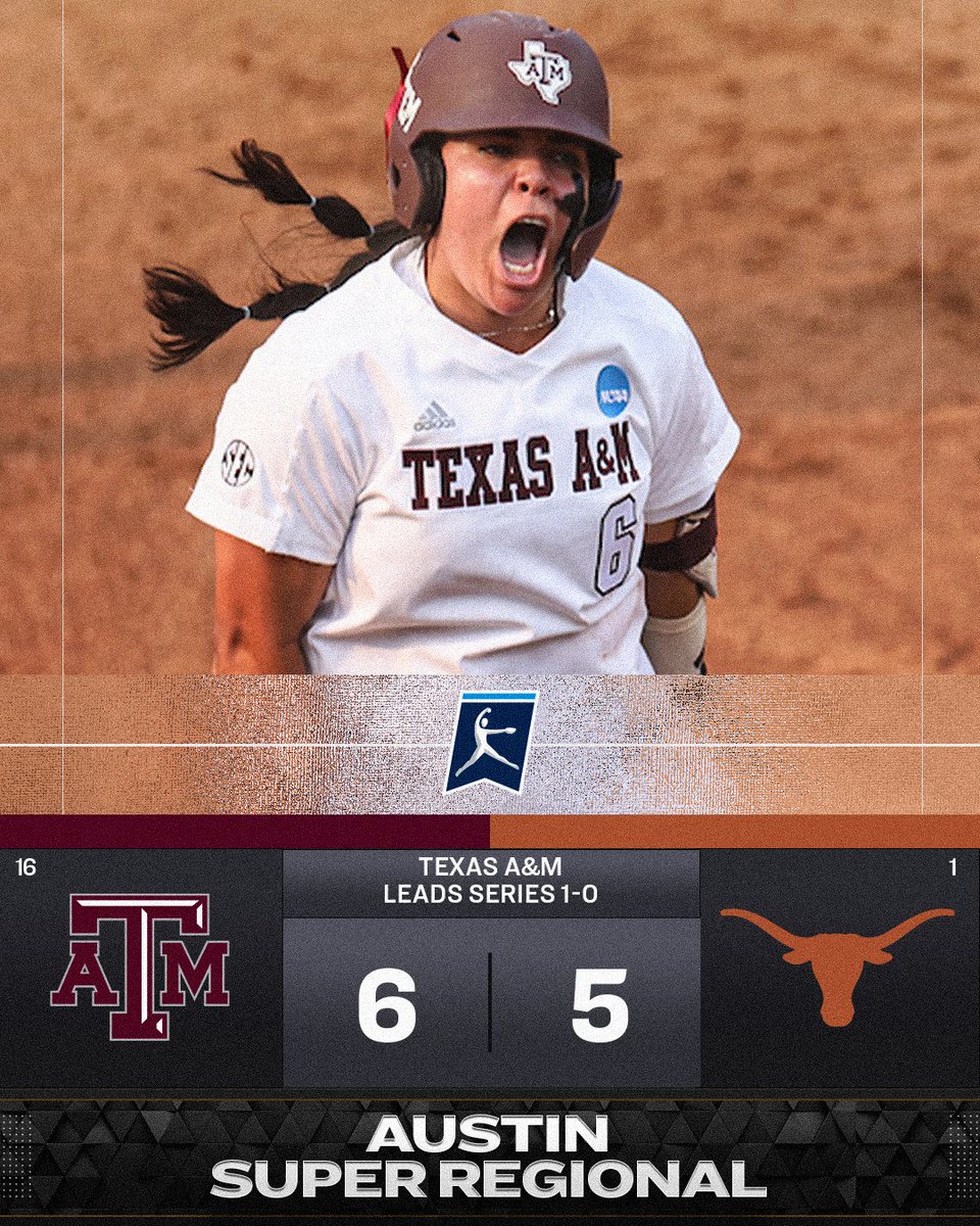 LONE STAR STUNNER 😱

(16) <a href="/AggieSoftball/">Texas A&M Softball</a> holds off (1) Texas for the upset, 6-5, to win the Austin Super Regional opener.

#RoadToWCWS