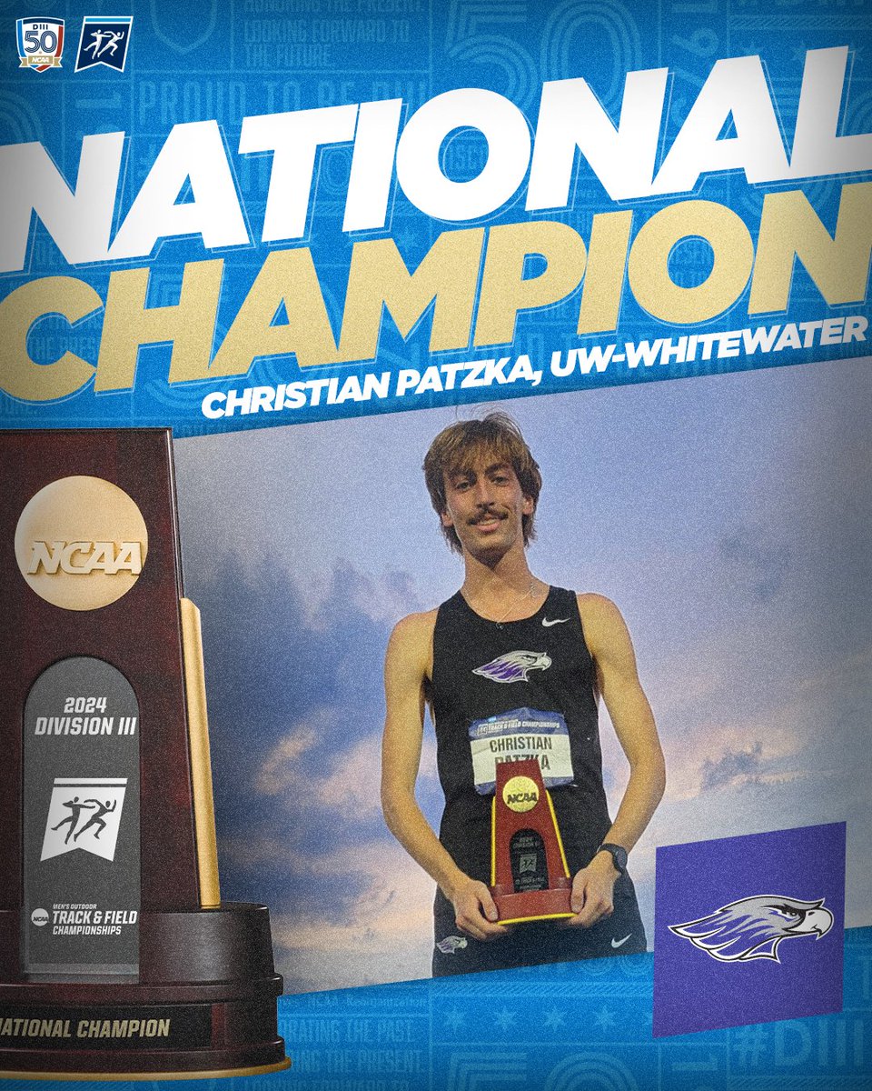 🏆 NATIONAL CHAMPION 🏆 Christian Patzka of @UWWAthletics takes the men's 3000m steeplechase crown with a time of 8:50.75. #D3tf | #WhyD3
