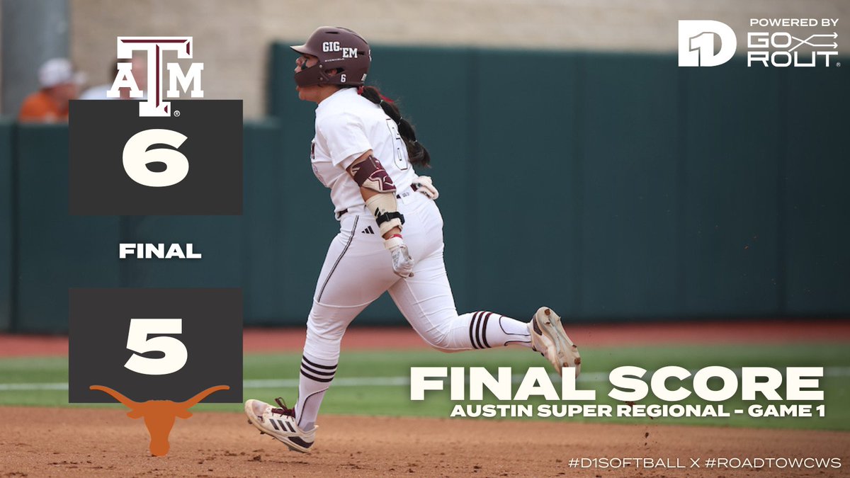 FINAL SCORE: Texas A&M 6, Texas 5 @AggieSoftball takes a 1-0 lead in the Austin Super Regional. Presented by @Go_Rout