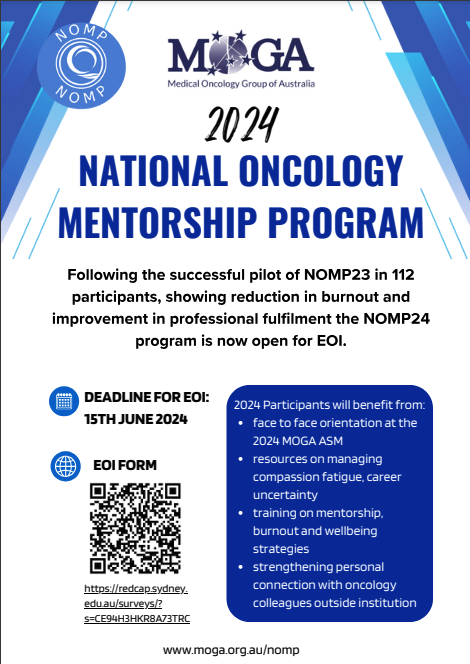Following success of #NOMP23 National Onc Mentorship Program in ⬇️ burnout, 🔼 professional fulfilment, excited to be launching  #NOMP24 in conjunction with <a href="/MOGA_ORG/">Medical Oncology Group of Australia (MOGA)</a> Annual Meeting In Sydney. EOIs now open to any 🇦🇺 oncologist! <a href="/UditNindra31/">Udit</a> <a href="/BethanRichards3/">Bethan Richards</a>