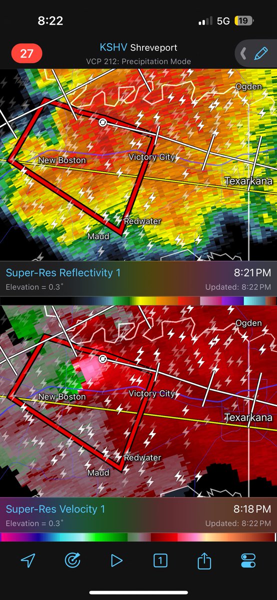 NickhWX's tweet photo. #tornado EMERGENCY for New Boston and Victory City, Texas. A large and destructive tornado has been spotted by weather spotters. TAKE SHELTER IMMEDIATELY if inside the warning polygon. Those in Redwater through Texarcana should monitor this storm closely. #txwx #wxtw https://t.co/dIhHdiZKft