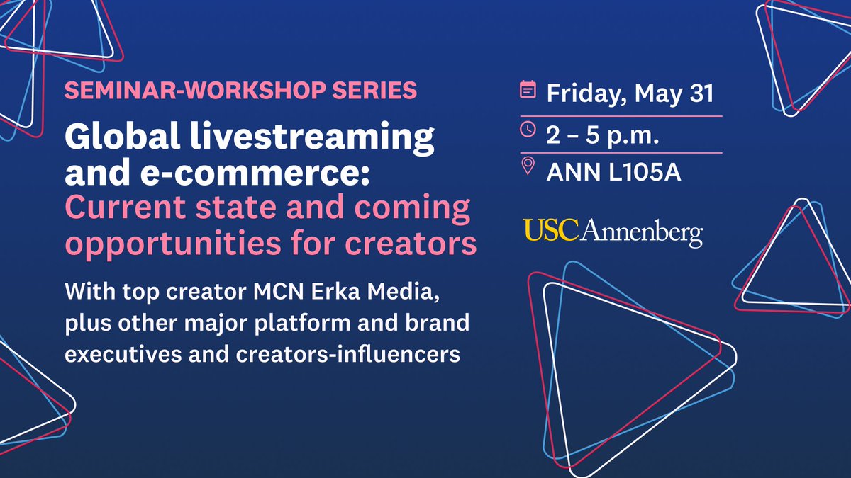 Join us in ANN L105A Friday, May 31 from 2-5 p.m. for panel discussions about the state of global e-commerce opportunities for creators; as well as concurrent live stream sessions with entertainment, Q & A, and audience interaction. RSVP: annenberg.usc.edu/events/global-…