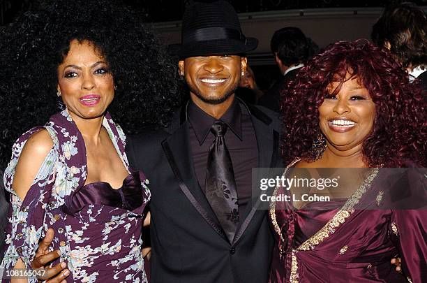 Clive Davis' 2005 Pre-GRAMMY Awards Party - Dinner and Show

Diana Ross, Usher and Chaka Khan during Clive Davis' 2005 Pre-GRAMMY Awards Party - Dinner and Show at Beverly Hills Hotel in Beverly Hills, California, United States. (Photo by L. Cohen/WireImage for J Records)