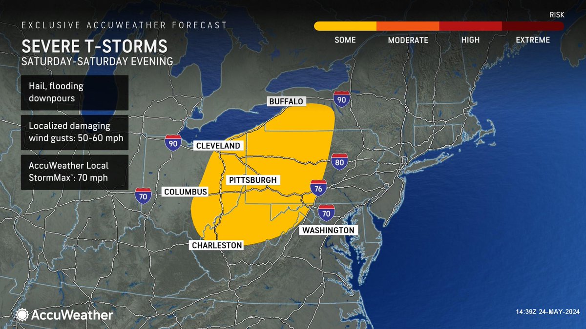 WEATHER @accuweather Friday Night • Tonight: Rather cloudy. Low 61. • Saturday: Variable cloudiness, a heavy thunderstorm in the afternoon. Thunderstorms can bring flooding downpours, hail and damaging wind gusts. High 83. • Sunday: Humid with clouds and sunshine. High 86.