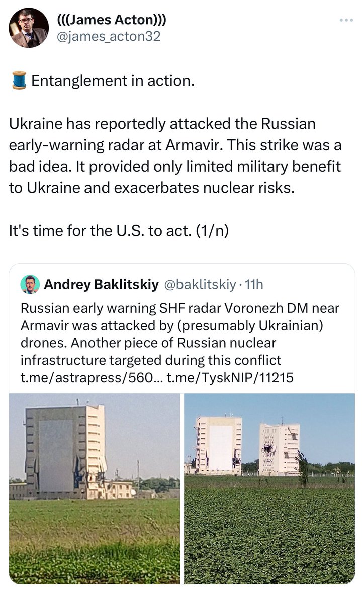 Plenty of cheering from the sidelines for the US to bring about World War III.

Russia seeing Ukraine strike the early-warning radars it would need to see a nuclear strike coming is unhelpful. The NATO Sec-Gen is cheering it on. Jake Sullivan needs to give him a call.
