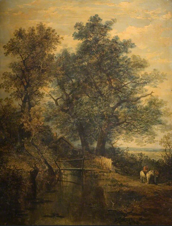John Crome A Stream, Bridge, Trees and Two Figures in a Landscape