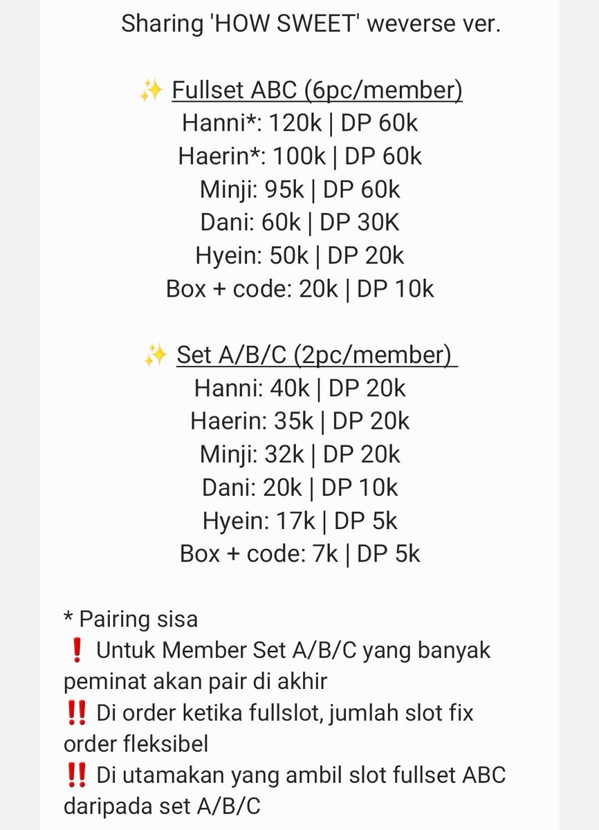 NewjeansGS's tweet photo. HELP RT ❣️
[🇮🇩 SHARING PO]
NewJeans 'HOW SWEET' weverse ver.

❣️ Harga ada di gambar
  ⤷ DM for order 🛒

✅️ Est. Bersih INA
🏡 Bekasi
📆 TBA
#NGSPO pc minji hanni dani haerin hyein member set wv a b c only ina wts https://t.co/ZrRnDEZBdj