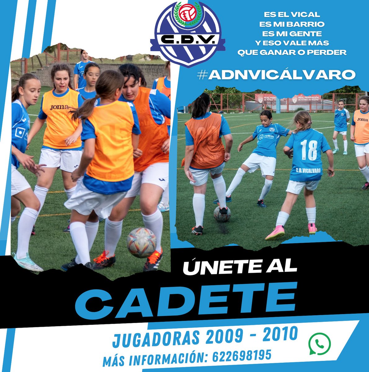 CDVicalvaro's tweet photo. ÚNETE AL CADETE FEMENINO.

Escríbenos y ven a entrenar con nosotros.

¡A qué estás esperando!

Únete a la #FamiliaAzulona💙

💙🍍⚽️ https://t.co/qkEbNXnQwE