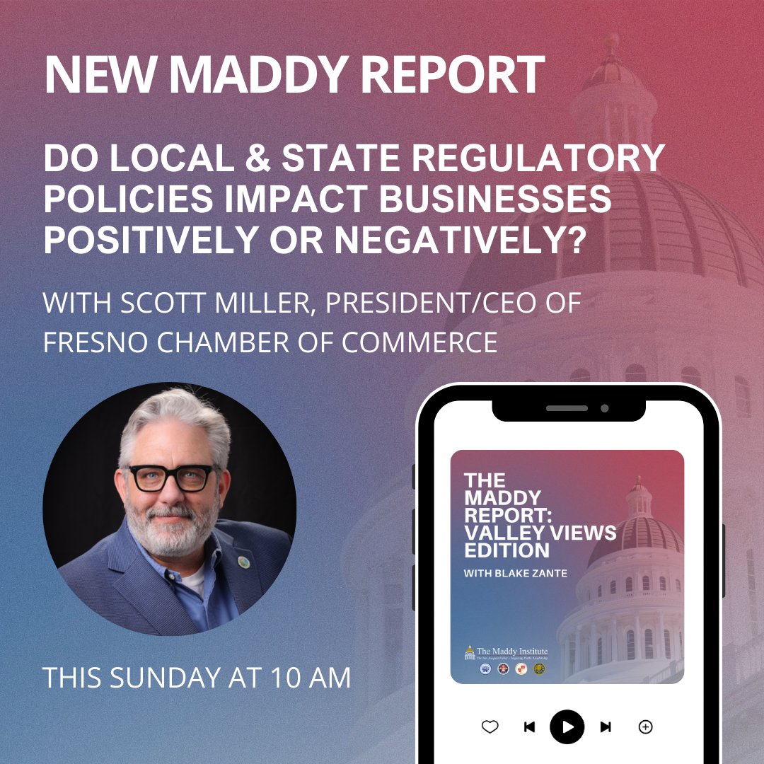 MaddyInstitute's tweet photo. 📺 New Maddy Report with @District1Perea and @NathanMagsigCA airs this Sunday at 10 AM on ABC30. 

📻 This Sunday's Valley Views radio show with @Fresno_Chamber's President/CEO Scott Miller will air at 10 AM on Newstalk 580AM/105.9FM (KMJ). https://t.co/OUftJxfEut