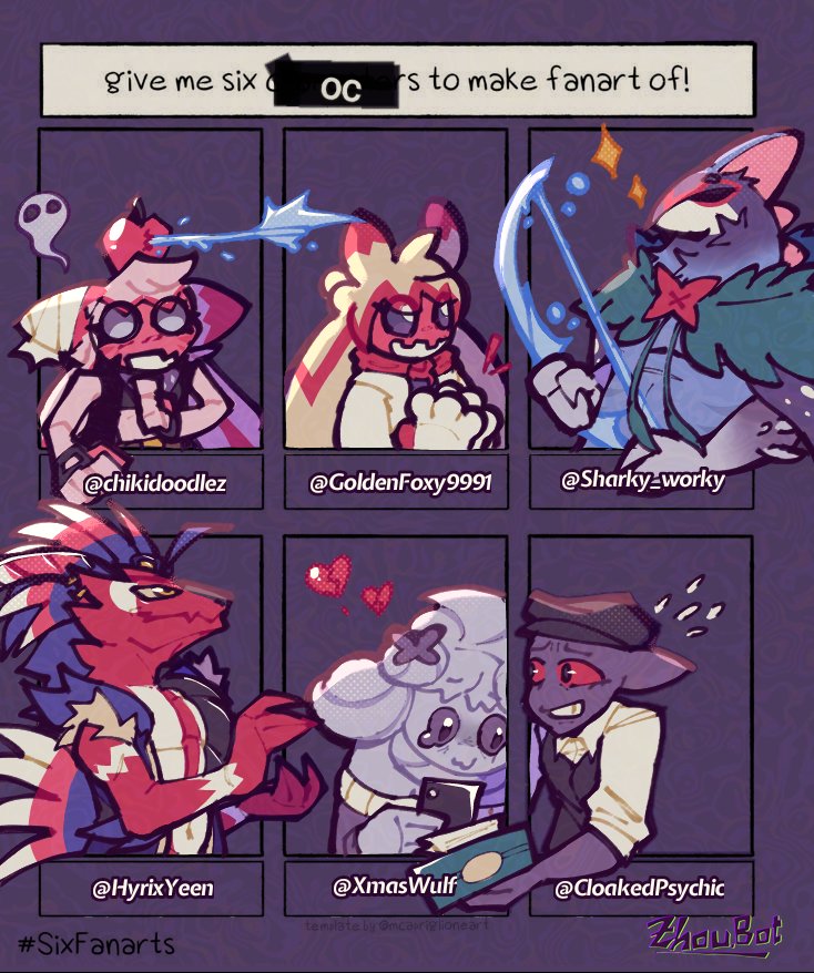 six characters challeng part 2 characters belong to @chikidoodlez @GoldenFoxy9991 @Sharky_worky @HyrixYeen @XmasWulf @CloakedPsychic