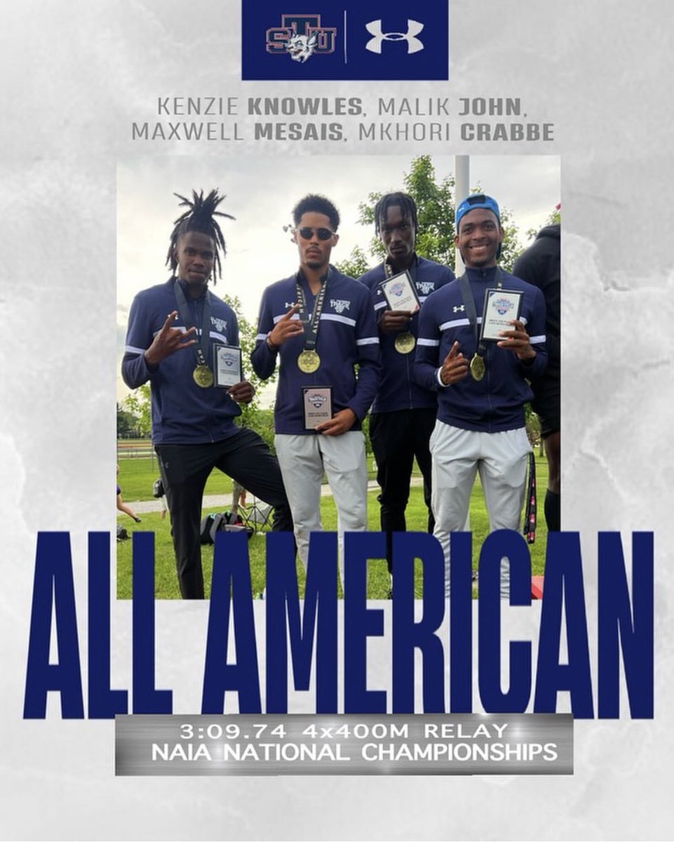 All American Men’s 4x4 Relay placed 4th overall at NAIA Nationals with a new season best and school record time of 3:09.74. The relay consisted of Kenzi Knowles, Malik Jon, Maxwell Mesias, Mkhori Crabbe.

#STU #NAIA #allamerican #4x4 #stulimitless