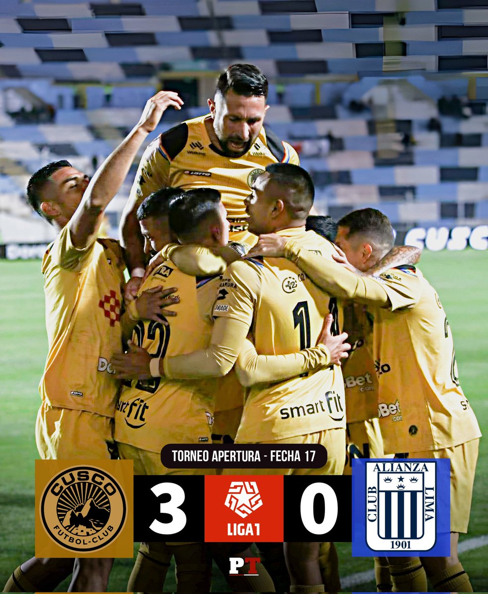 JackPatrik5's tweet photo. Cusco FC se hizo fuerte en casa y destruyó a Alianza Lima goleandolo 3️⃣-0️⃣ en la última Jornada del Apertura.

Los cusqueños acabaron con la racha del conjunto"blanquiazul" que llegaba de 3 victorias consecutivas.

AL quedó cuarto con 33 unidades y Cusco sigue sus pasos con 29. https://t.co/TfMmQSy2dj