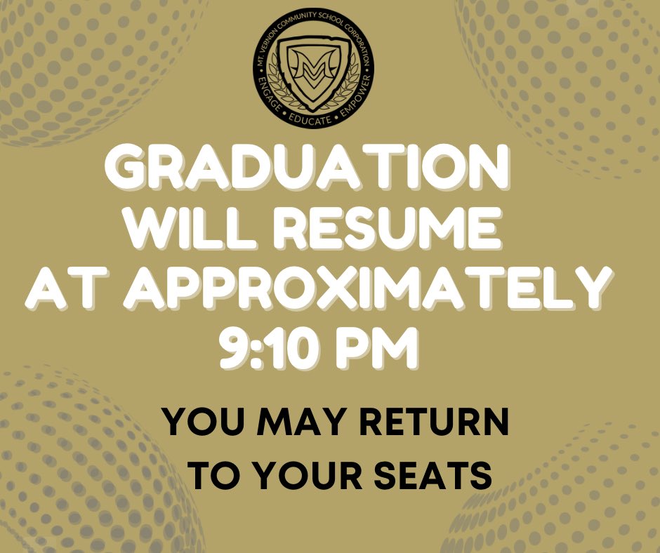 8:55 p.m. The storm cell has passed. Visitors can return to their seats and the graduates will be coming out shortly.