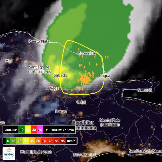 climaya's tweet image. 🇩🇴Fuertes tormentas  y lluvia en este momento al norte de República Dominicana #climaRD

Datos : meteo.tech