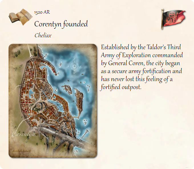 GolarionToday's tweet photo. 1520 AR: Corentyn founded
#Cheliax #Taldor #Coren #ArmyOfExploration #1520AR
https://t.co/ujGu9eve8I
Established by the Taldor's Third Army of Exploration commanded by General Coren, the city began as a secure army fortification and has never lost this feeling of a fortif… https://t.co/qelNIhOksF