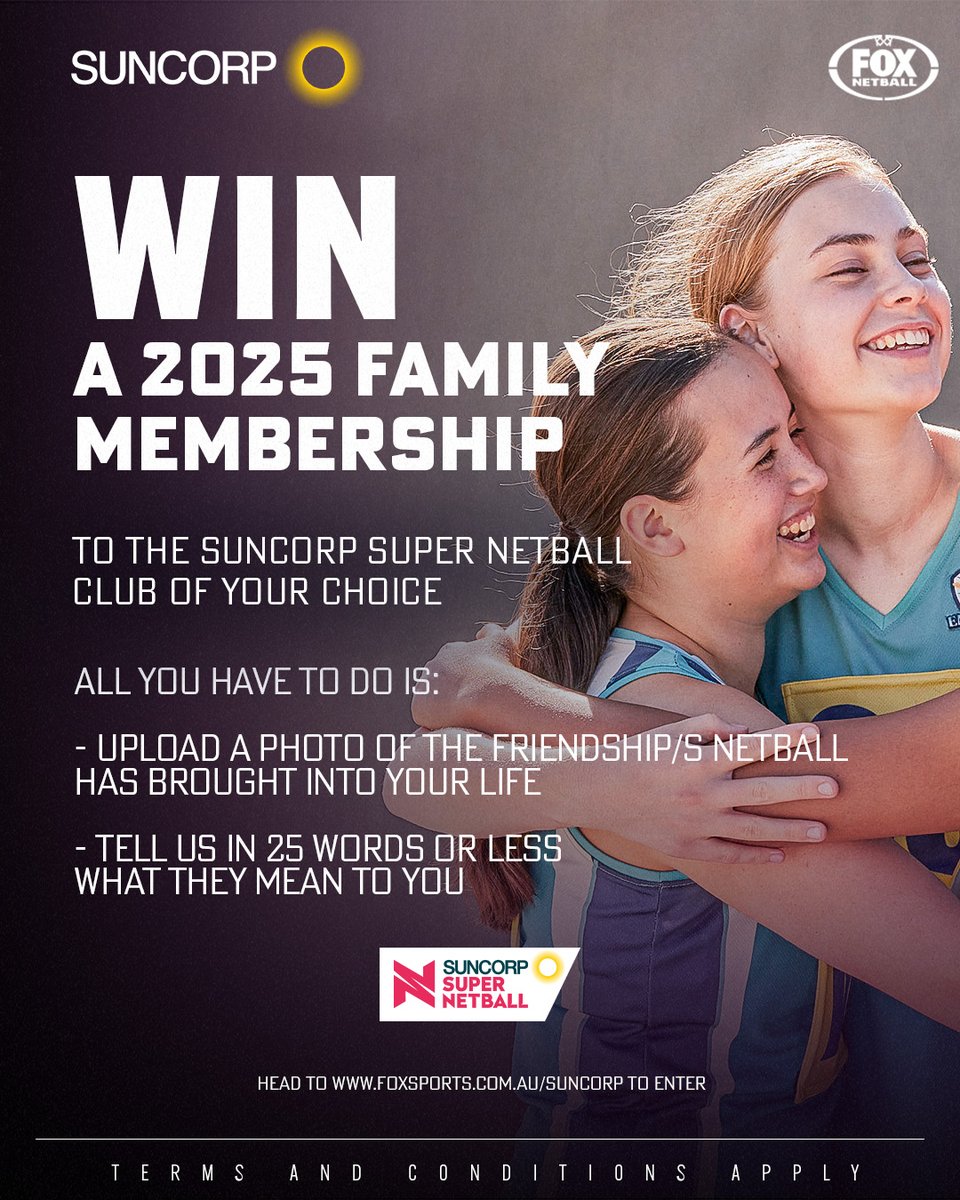 🚨COMPETITION🚨 We're giving you the chance to win a 2025 family membership to the Suncorp Super Netball club of your choice, all thanks to @Suncorp. Celebrating friendship on and off the court. Head to the website to enter 👉 foxsports.com.au/suncorp T&Cs apply.