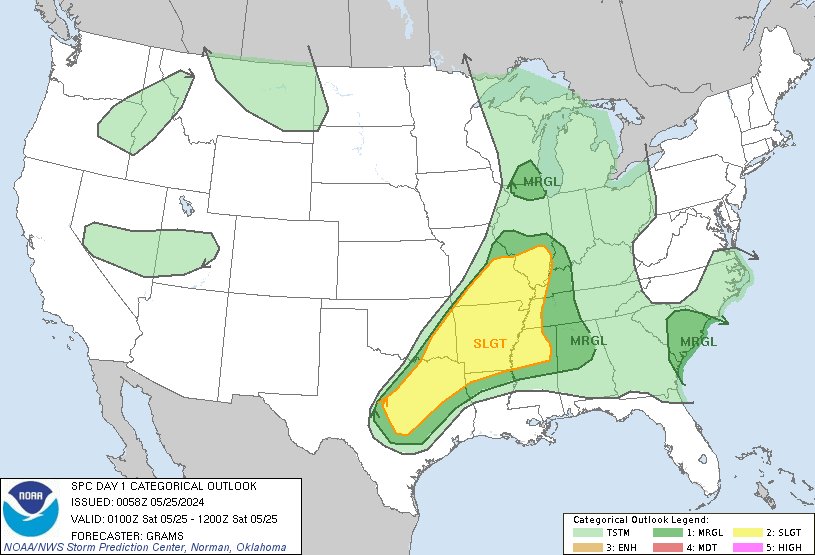 8:00pm CDT #SPC Day1 Outlook Slight Risk: in central TX to the Mid-South and Mid-MS Valley spc.noaa.gov/products/outlo…