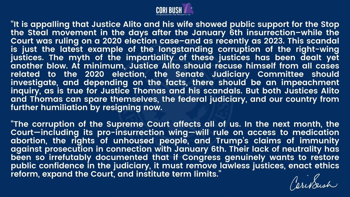 Both Justices Alito and Thomas can spare themselves, the federal judiciary, and our country from further humiliation by resigning now. My full statement on the latest Supreme Court scandal ⬇️