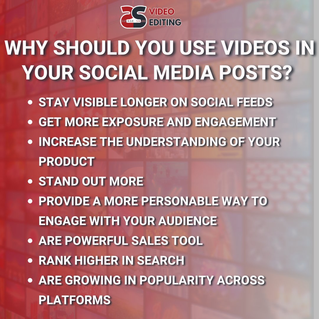 Unleash the Power of Visual Storytelling: Top Reasons to Use Videos in your Social Media Posts! Boost Engagement and Skyrocket your Brand's Success Today!
 #VideoMarketing #BrandPromotion #ProductShowcase #BrandAwareness #WebsiteTraffic #SavageEdits #ContentStrategy